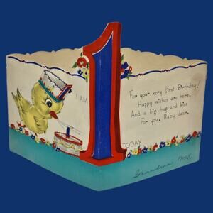 1942 Pop Up 1 year-old Birthday Hat Chick Duck Vintage Rust Craft Die-Cut Card